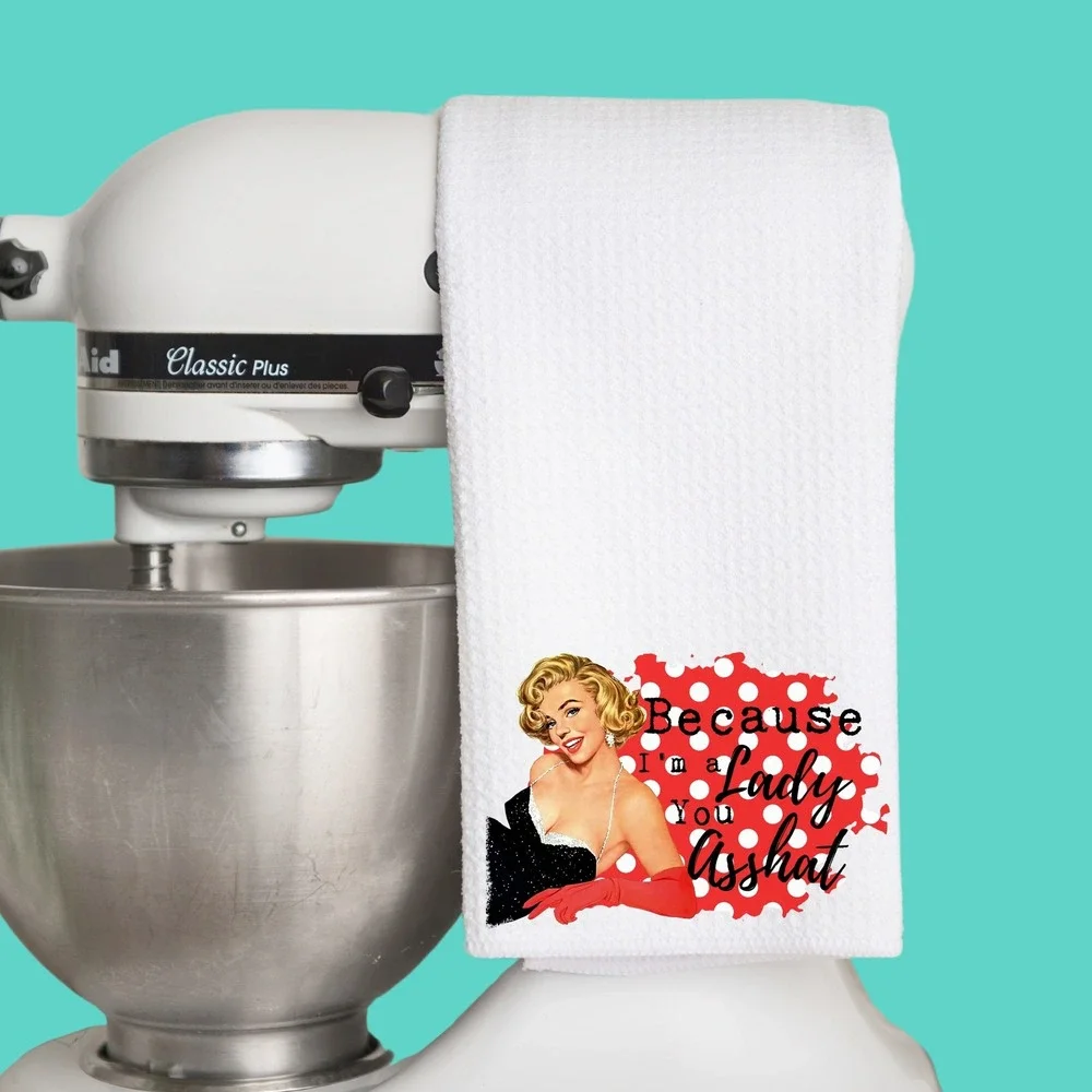 Retro Pinup Waffle Weave Kitchen Towel Because I'm a Lady You Asshat White Red